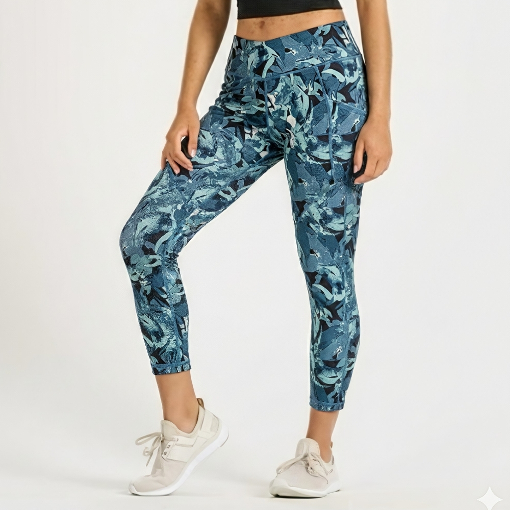 Patagonia Small Leggings Teal Jungle Centered Crop Green Yoga Pants Abstract